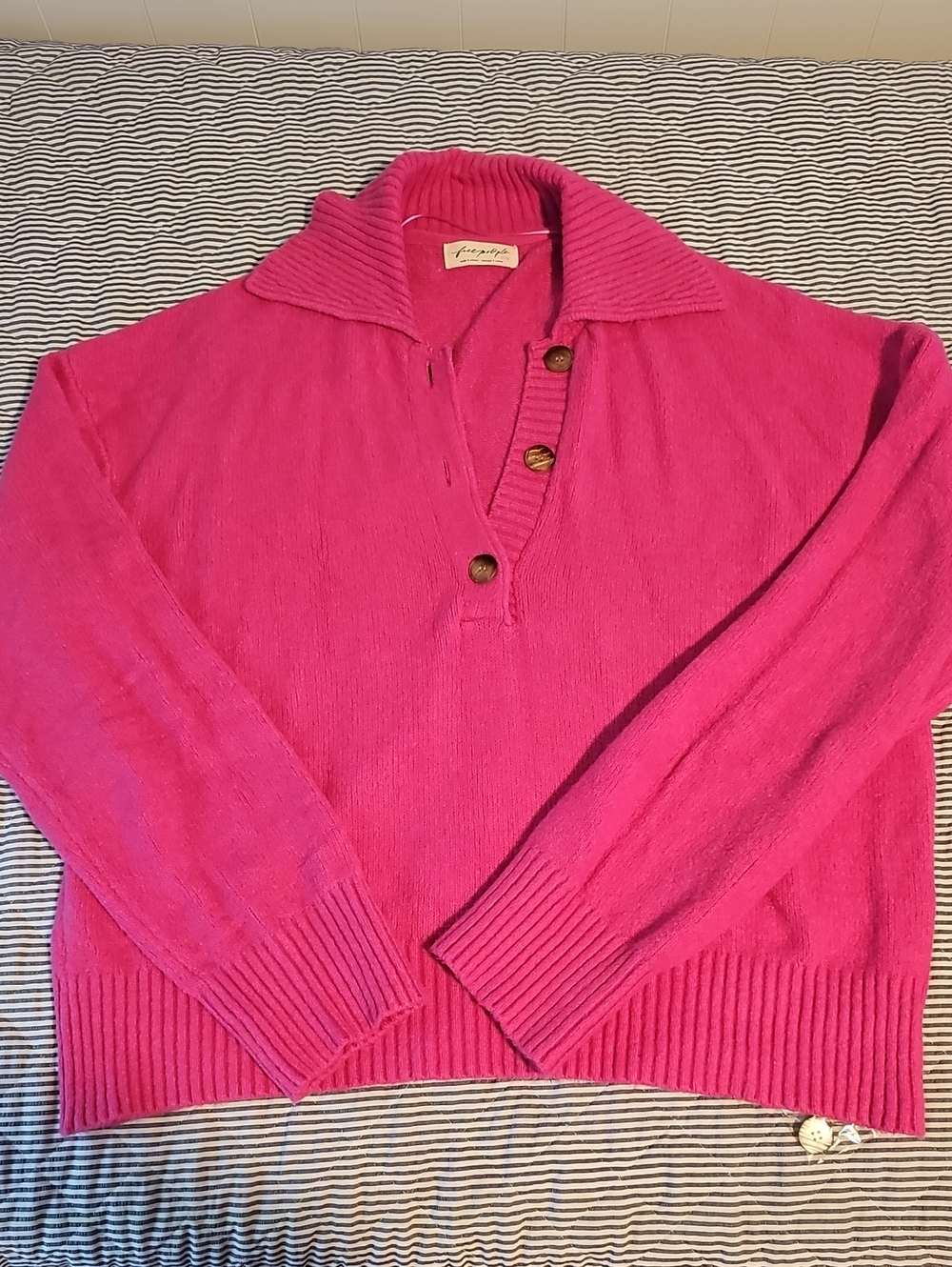 Free People Hot Pink Ribbed-Collar Pullover Sweater - New